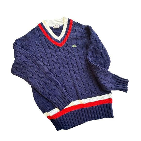 Vintage IZOD LACOSTE Cable Knit V-neck Sweater Blue with Red & White Size XL - Picture 6 of 13